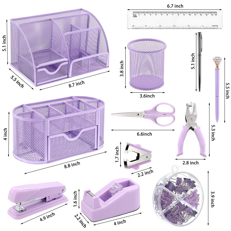 Froidesente 17 in 1 Purple Desk Organizers and Accessories Set  3 Office Desk Supplies Storage Organization  4 Pens  Stapler  Staples & Remover  Tape & Dispenser  Scissors  Ruler  Clips  Hole Punch  Sticky Holder - Image 2